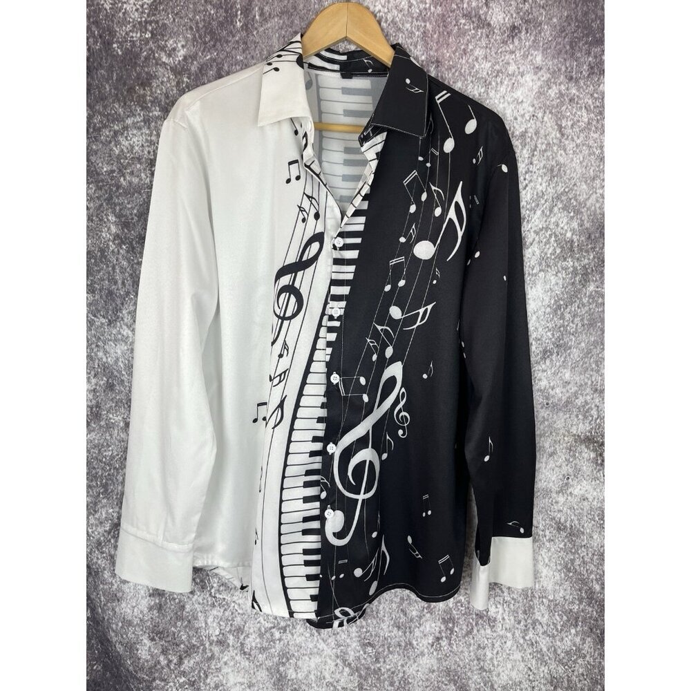 Shirt Mens Black White Musical Note Piano Print‎ 90s Artsy Performance Jazz